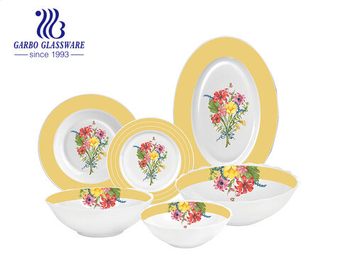 Flower design 26pcs opal glass dinnerware set customized opal glass bowls plates