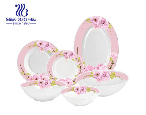 Flower design 26pcs opal glass dinnerware set customized opal glass bowls plates