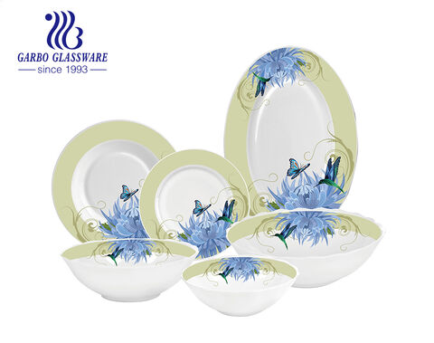 Flower design 26pcs opal glass dinnerware set customized opal glass bowls plates