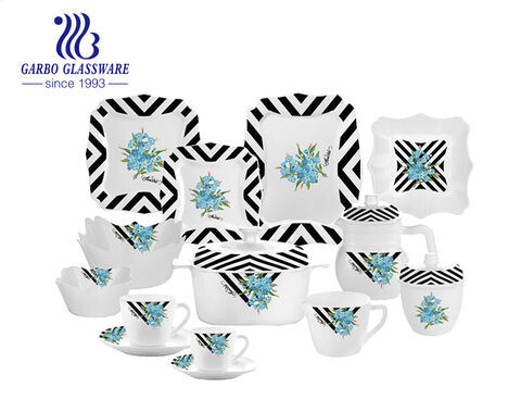 Quadratisches Design mit Volldruck, 58-teiliges Geschirrset aus weißem Opalglas zum Essen