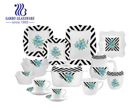 Square Design full print 58pcs white opal glass dinnerware set for dining 