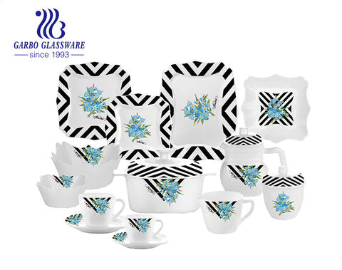 Square Design full print 58pcs white opal glass dinnerware set for dining 