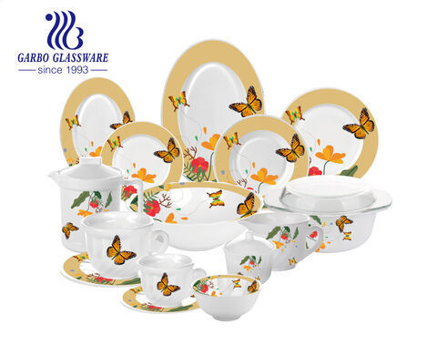 Set da pranzo in vetro opale da 58 pezzi con decalcomanie a farfalla gialla fabbrica cinese per uso da tavola