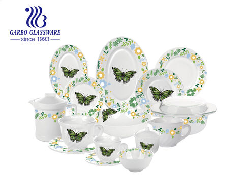 China-Fabrik gelbe Schmetterlingsabziehbilder 58-teiliges Opalglas-Geschirrset für den Tischgebrauch