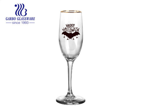 Luxuriöser 6.5 Unzen geblasener Champagnerflöten-Glasbecher mit Aufkleber und Goldrand-Dekor