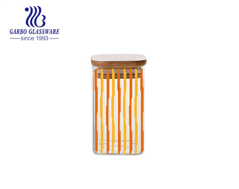 Geometrical ribbed printing borosilicate glass storage jar with airtight bamboo lid