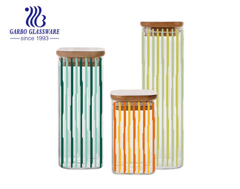 Geometrical ribbed printing borosilicate glass storage jar with airtight bamboo lid