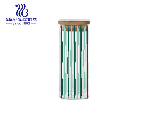 Pot de rangement en verre borosilicaté à impression nervurée géométrique avec couvercle en bambou hermétique