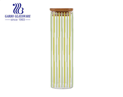 Pot de rangement en verre borosilicaté à impression nervurée géométrique avec couvercle en bambou hermétique