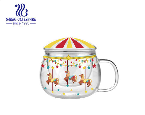 355ml round shape double wall high borosilicate glass tea mug with lid