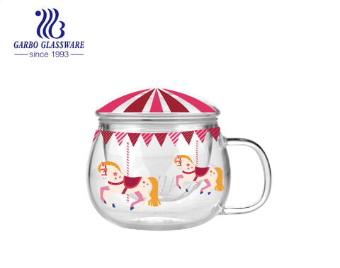 355ml round shape double wall high borosilicate glass tea mug with lid