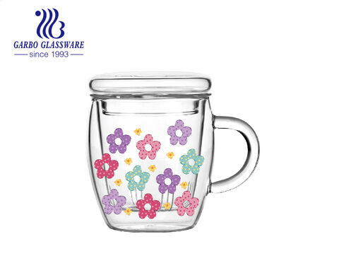 300ml decal printing high borosilicate double wall glass tea mug with lid