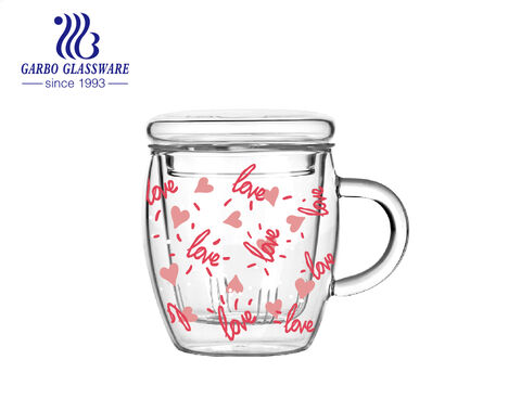 300ml decal printing high borosilicate double wall glass tea mug with lid