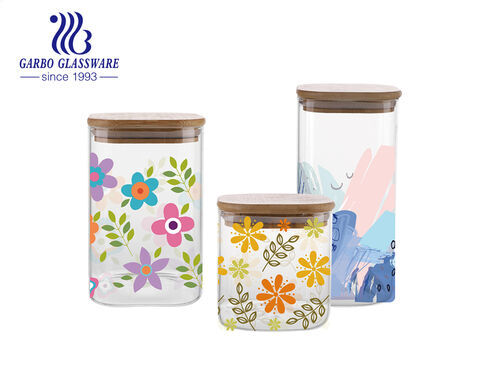 Frasco de almacenamiento de vidrio con diseños de flores de borosilicato alto de 750ML con tapa de bambú