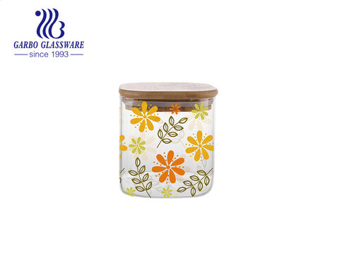 Frasco de almacenamiento de vidrio con diseños de flores de borosilicato alto de 750ML con tapa de bambú