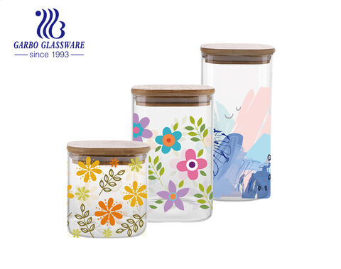 Frasco de almacenamiento de vidrio con diseños de flores de borosilicato alto de 750ML con tapa de bambú