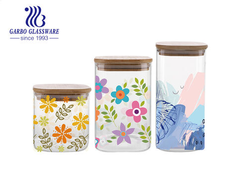 750 ml Vorratsdose aus Glas mit hohem Borosilikat-Blumendesign und Bambusdeckel