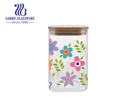 750 ml Vorratsdose aus Glas mit hohem Borosilikat-Blumendesign und Bambusdeckel