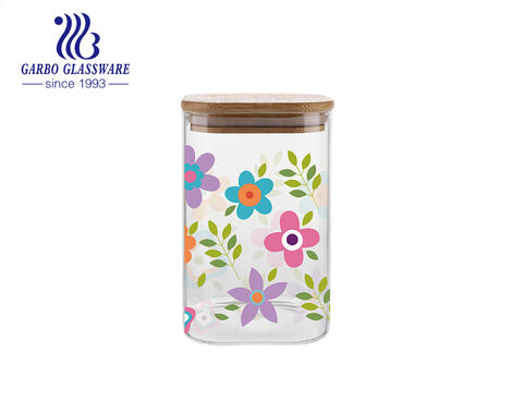 Frasco de almacenamiento de vidrio con diseños de flores de borosilicato alto de 750ML con tapa de bambú