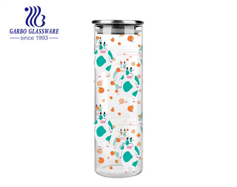High borosilicate decal designs glass storage jar with metal seal lid
