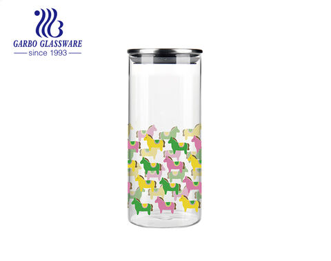 High borosilicate decal designs glass storage jar with metal seal lid