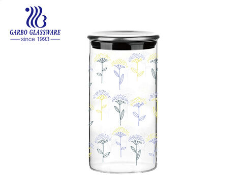 High borosilicate decal designs glass storage jar with metal seal lid