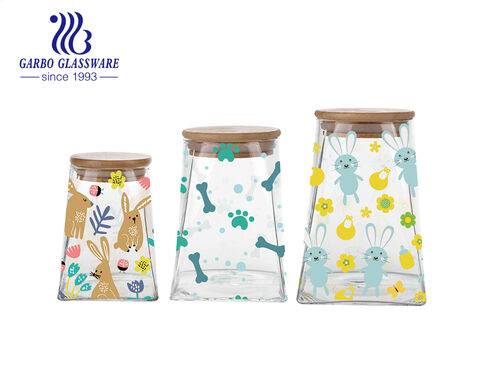 High borosilicate irregular glass storage jar with customized decal designs bamboo lid