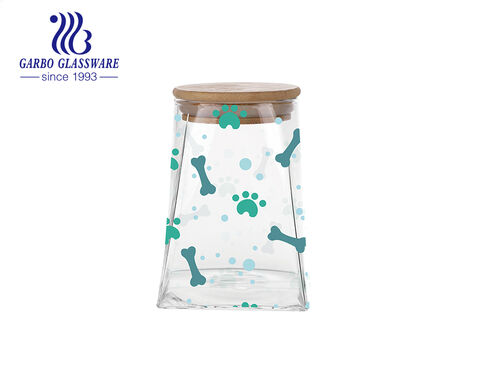 High borosilicate irregular glass storage jar with customized decal designs bamboo lid