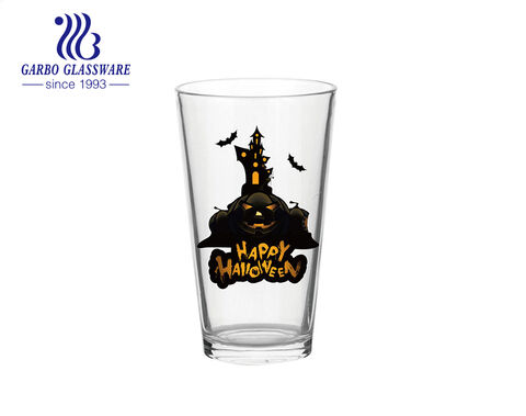 Taza de agua de cristal clásica de gran oferta de 16OZ con patrón promocional de festival