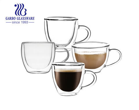 فنجان قهوة زجاجي مزدوج الجدار من زجاج البورسليكات المقاوم للحرارة مع مقبض