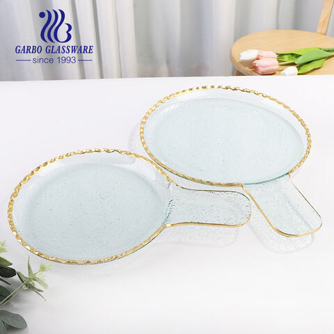Handmade craft transparent aquamarine glass flat plate with handle