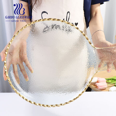 Assiette plate en verre aigue-marine transparente artisanale faite à la main avec poignée