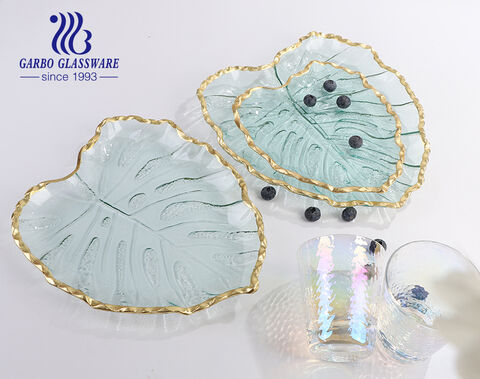 Glass tableware glass snack tray with god rim leaf plate 9.5 inch 