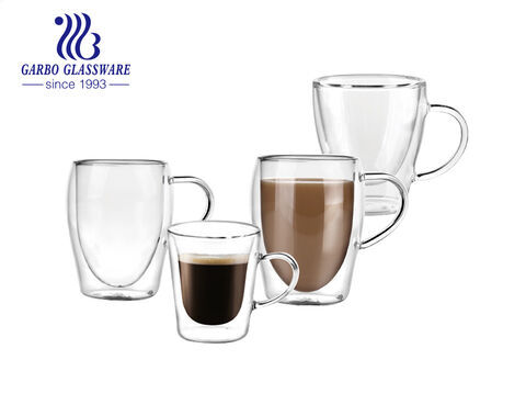 Small size 100ml-250ml transparent borosilicate glass double wall coffee mugs