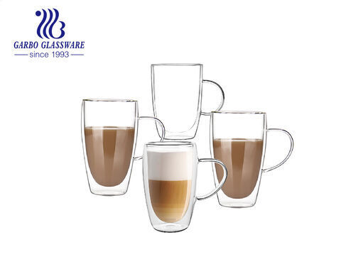 Medium size 400ml-600ml transparent borosilicate glass double wall coffee mugs