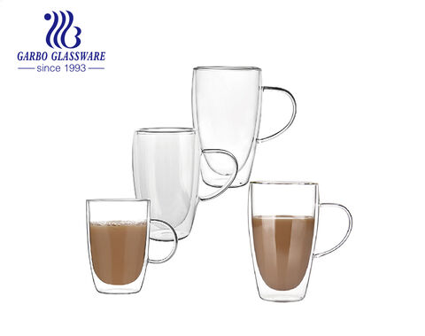 Medium size 400ml-600ml transparent borosilicate glass double wall coffee mugs