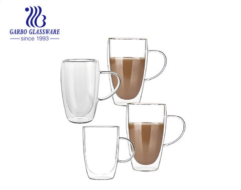 Medium size 400ml-600ml transparent borosilicate glass double wall coffee mugs