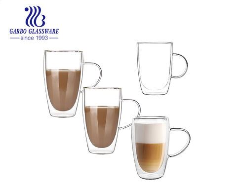 Medium size 400ml-600ml transparent borosilicate glass double wall coffee mugs