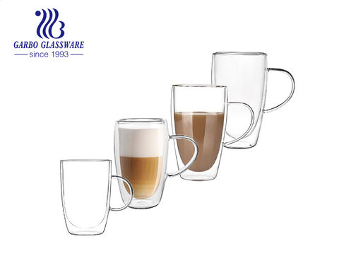 Medium size 400ml-600ml transparent borosilicate glass double wall coffee mugs