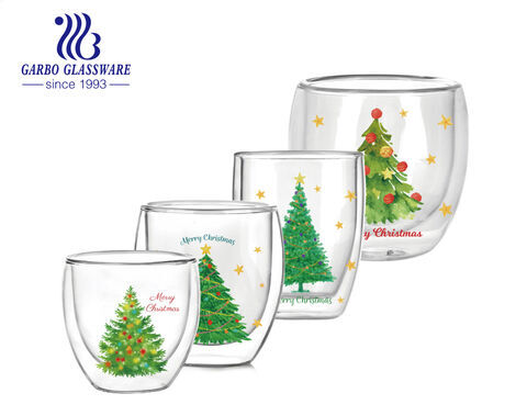 100ml 200ml 300ml double wall glass coffee cup with green Christmas tree