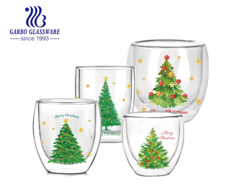 Tazza da caffè in vetro a doppia parete da 100 ml 200 ml 300 ml con albero di Natale verde