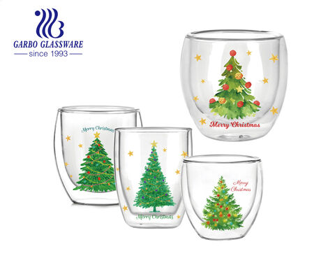 Tazza da caffè in vetro a doppia parete da 100 ml 200 ml 300 ml con albero di Natale verde