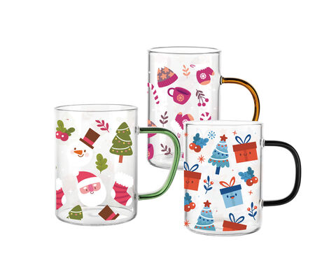 Christmas decal High borosilicate glass tea mug in 240ml with colorful handle