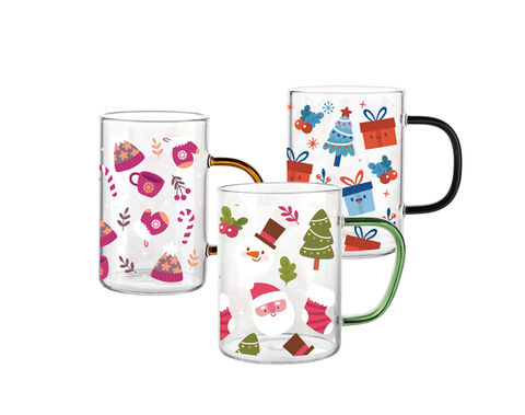 Christmas decal High borosilicate glass tea mug in 240ml with colorful handle