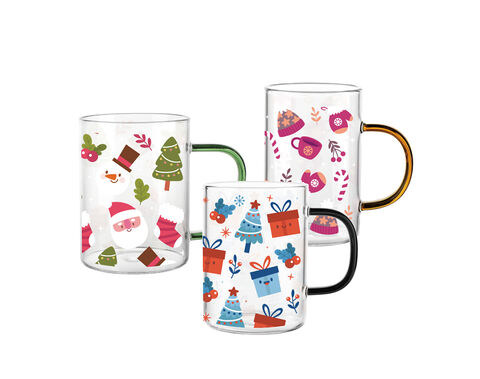 Christmas decal High borosilicate glass tea mug in 240ml with colorful handle