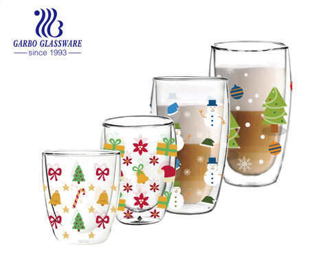 Tasses en verre à double paroi d'impression de Noël exclusives pour le cadeau de festival