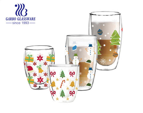 Tasses en verre à double paroi d'impression de Noël exclusives pour le cadeau de festival