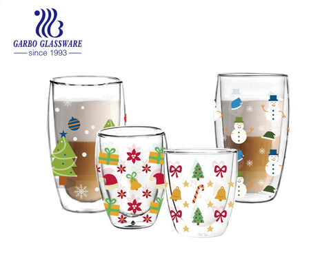 Tasses en verre à double paroi d'impression de Noël exclusives pour le cadeau de festival