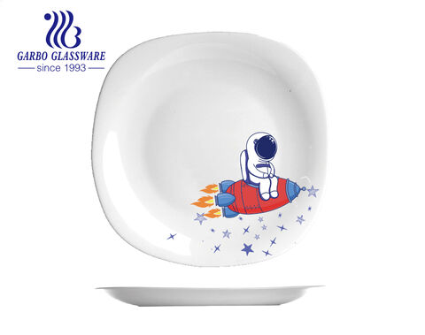 10.5 inches heat resistant opal glassware flat dinner plate with customized astronaut design 