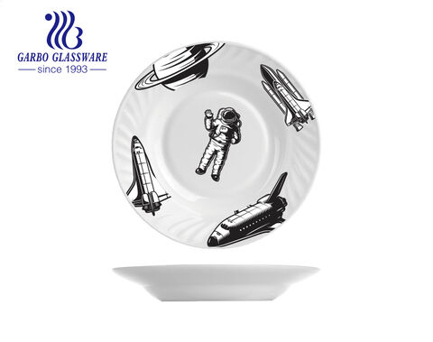 10.5 inches heat resistant opal glassware flat dinner plate with customized astronaut design 